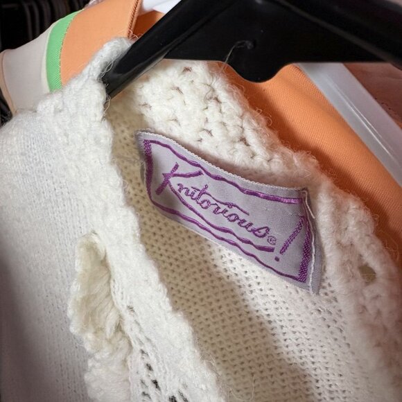 vintage 70s sweater cream pointelle rosettes belted hippie boho jumper top S - Picture 10 of 10